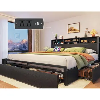King Size Bed Frame with 6 Storage Drawers, Headboard, Charging Station 1