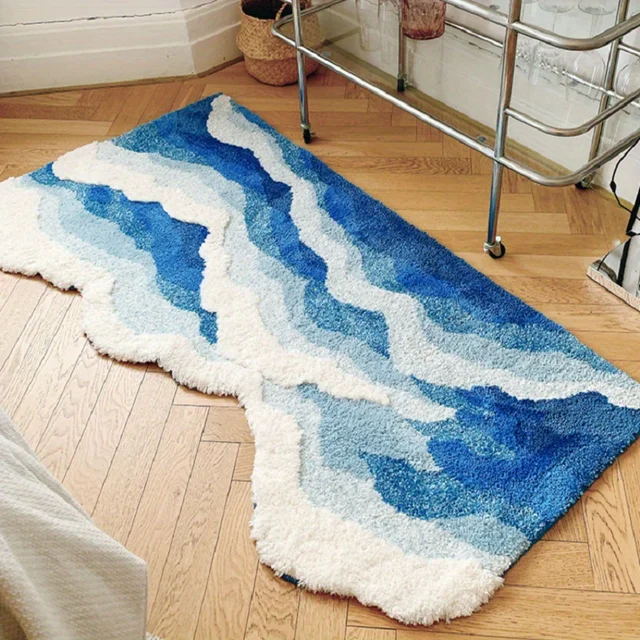 Tappeto floccato con onde marine blu Tappeto per camera da letto Tappeto per corridoio Tappetino per pavimento Zerbino Estetico Decorazioni per la casa 2
