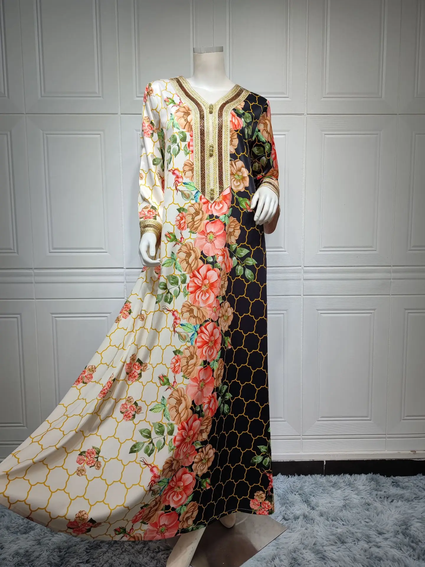 Chic Ethnic Floral Maxi Dress for Women Tape Hotfix Diamond Trim V Neck Long Sleeve Loose Arab Oman Dubai Muslim Abaya