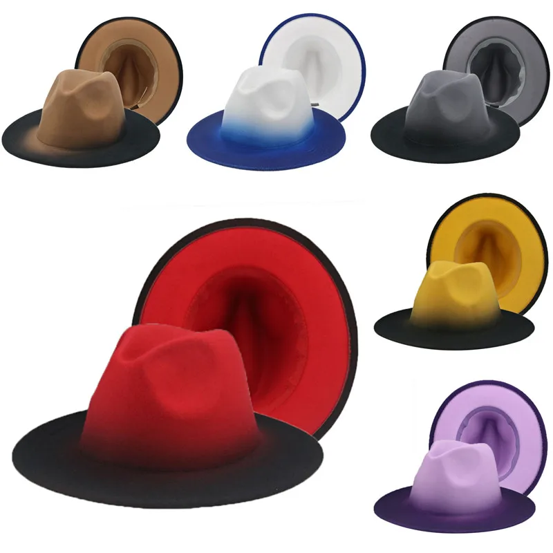 Fedora Hat Women Winter Felted Hats for Men Gradient Color Bowler Hat Wide Brim Design Luxury Casual Men Fedoras Chapeau Femme