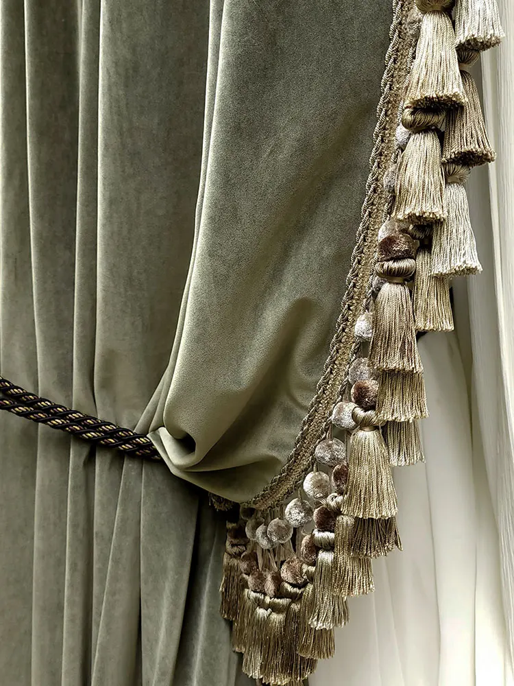 Vintage European Style Palace Luxurious Olive Green Velvet Curtains for Living Room, Bedroom Villa Home Decoration Customization