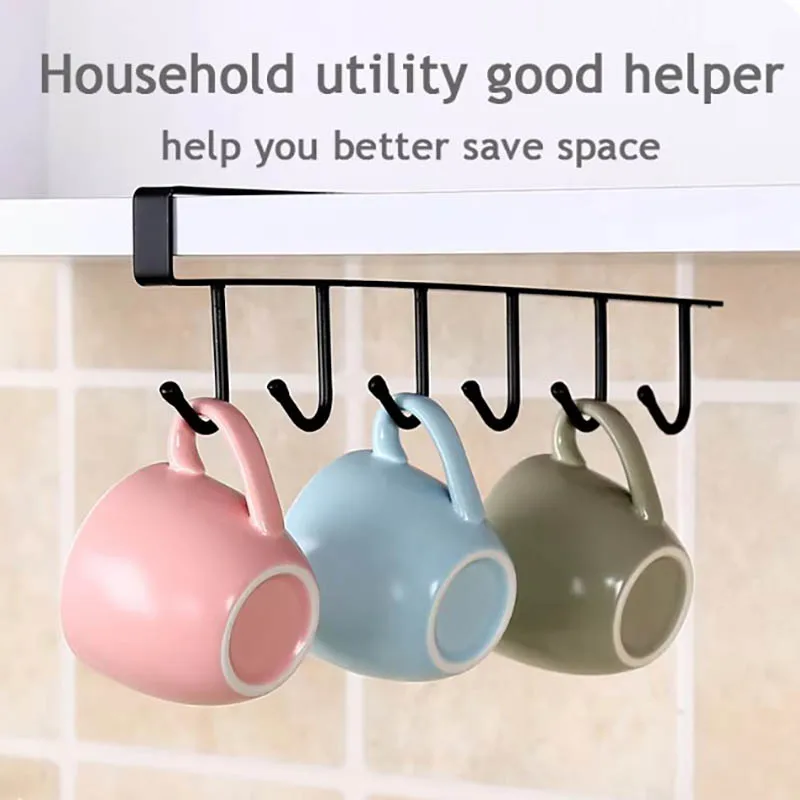 6 Hook Coffee Cup Mug Holder Black White Hooks Shelf Multifunction Kitchen Cabinet Sundries Organizer Storage Hanger kitchen organizer kitchen organizer rack wall mounted hook rack