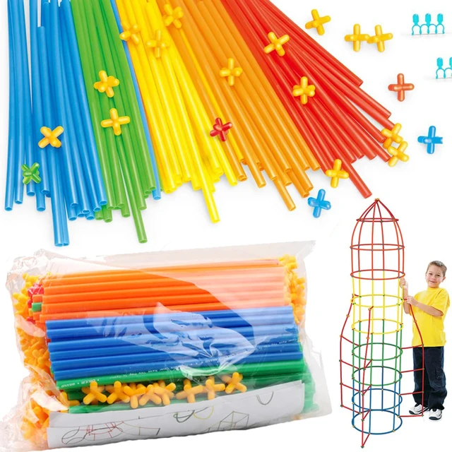 100pcs Straw Constructor Toys Straws and Connectors Building Blocks Stitching Inserted Tube Blocks Educational Toy for Kids 2