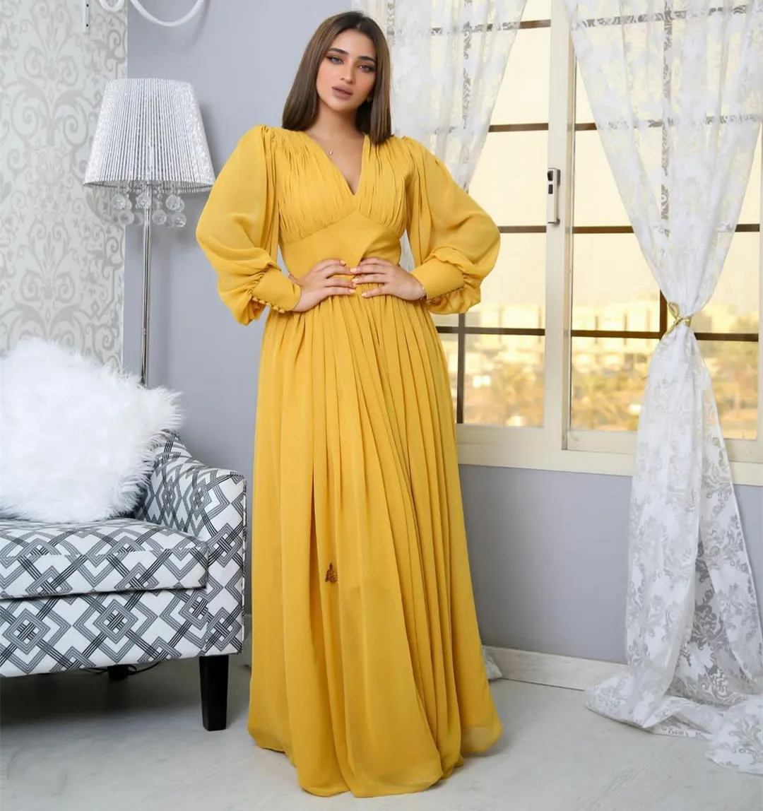 

Elegant Long Yellow Chiffon Evening Dresses With Sleeve A-Line V-Neck Floor Length Robe De Mariée Party Gown For Women
