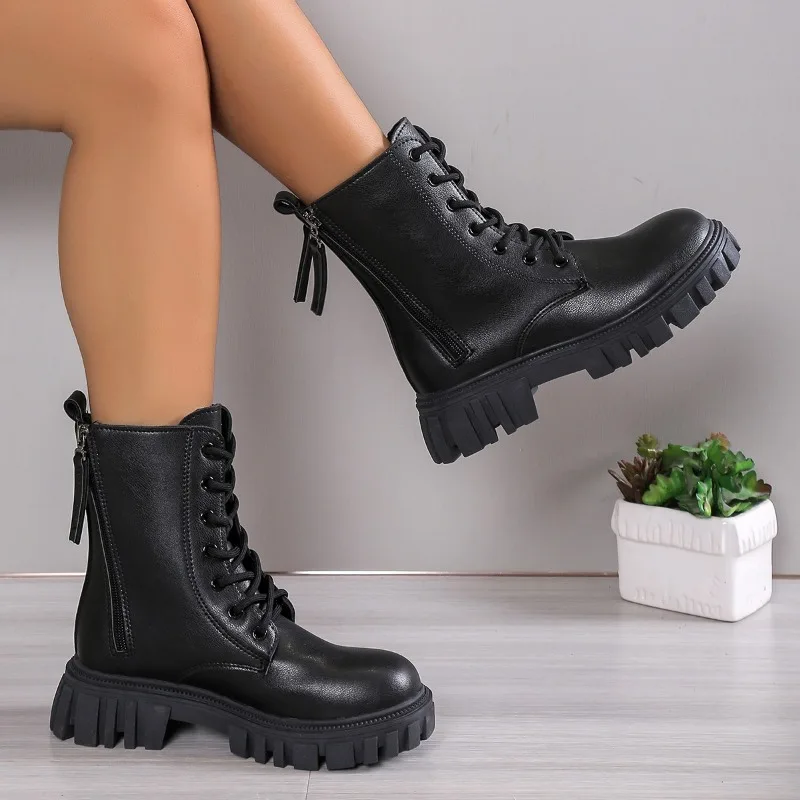 2023 Brand Shoes for Women Ankle PU Women's Boots Platform Modern Boots Women Lace Up Round Toe Zip Fretwork Heel Shoes Ladies