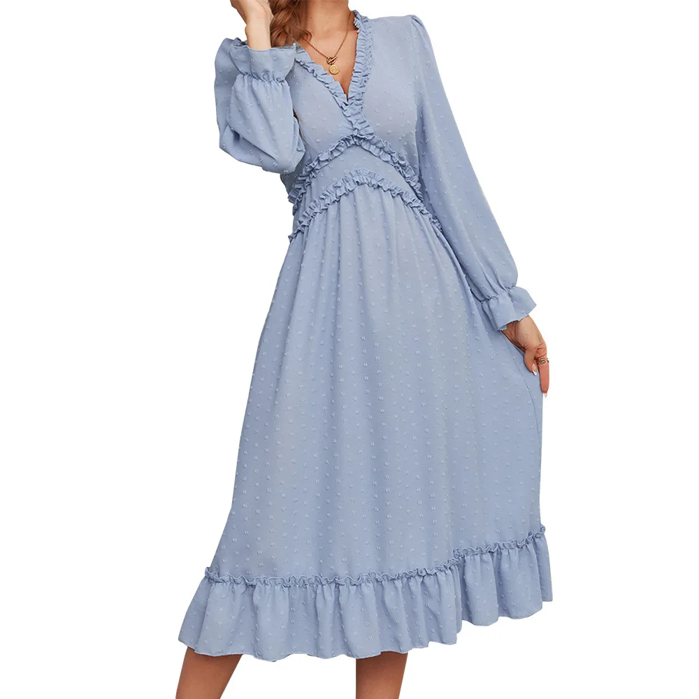 Light Blue Long Sleeve Dress Fashion Women V-Neck Mid Length Ankara Dress 2022 Summer New Ruffled Elegant African Casual Wear