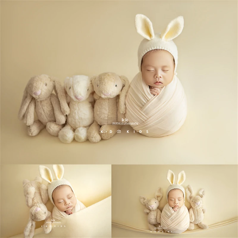 Dvotinst Newborn Photography Props Baby Cute Knitted Bunny Hat Rabbit Bonnets with Ears Furry Dolls Studio Shooting Photo Props