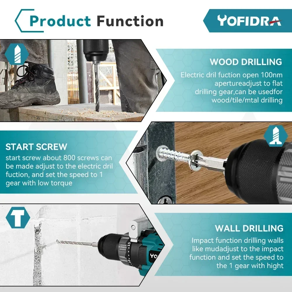 YOFIDRA Electric Drill 650N.m 13mm Brushless 25 plus 3 Torque Multifunction Home DIY Breaking Power Tool Compatible with Makita 18V Battery Pin - Image 5