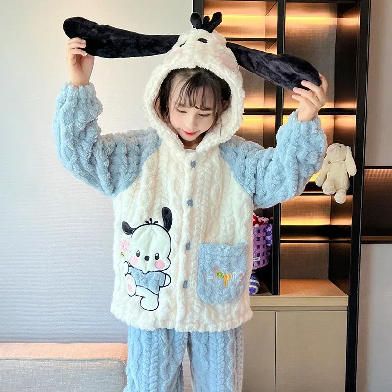 

Пижама с капюшоном в стиле аниме, Sanrios, понравилась, Cinnamoroll, Kuromi, Милая зимняя сохраняющая тепло Повседневная Свободная искусственная кожа