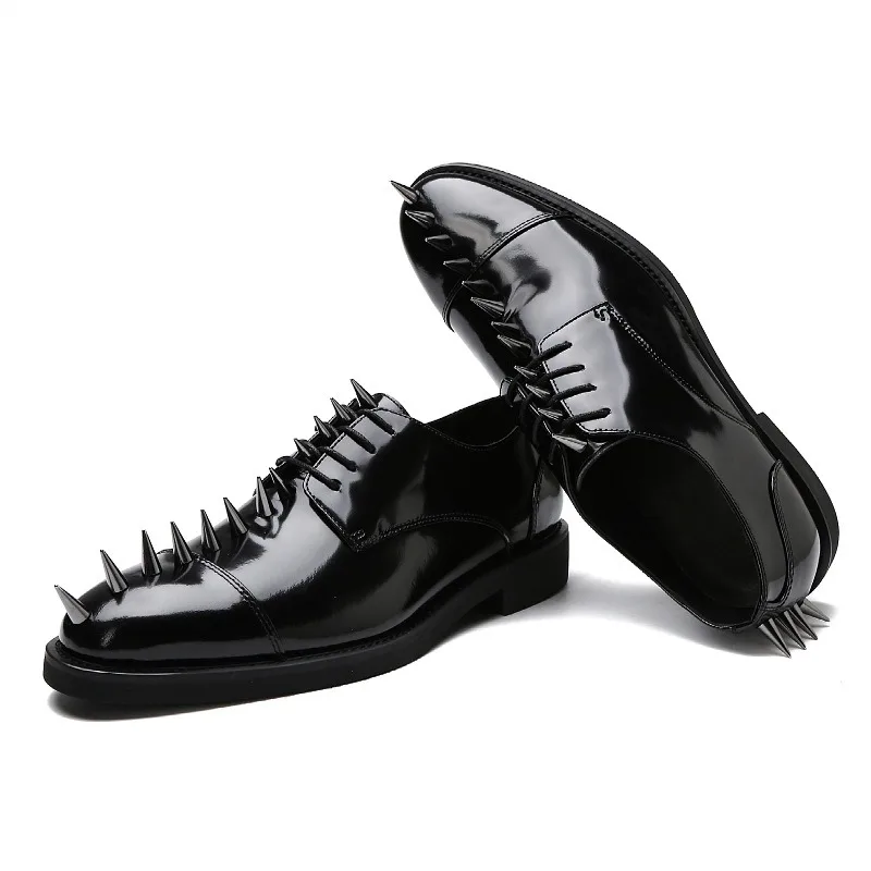 

2024 new style rivet shoes men's fashion cow leather bright black bead leather leather fashion men's shoes casual wear beautiful