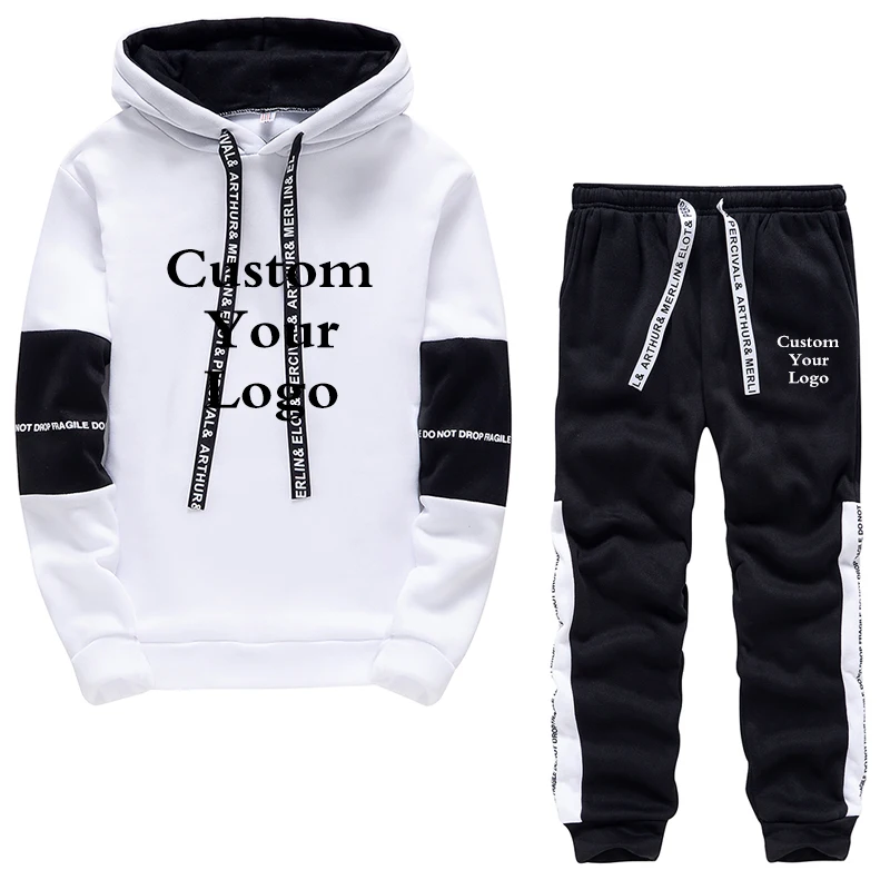 New Men's Custom Logo Sportwear 2 Piece Set Hoodie+Drawstring Sweatpants Autumn Warm Sport Tracksuit Clothing for Male