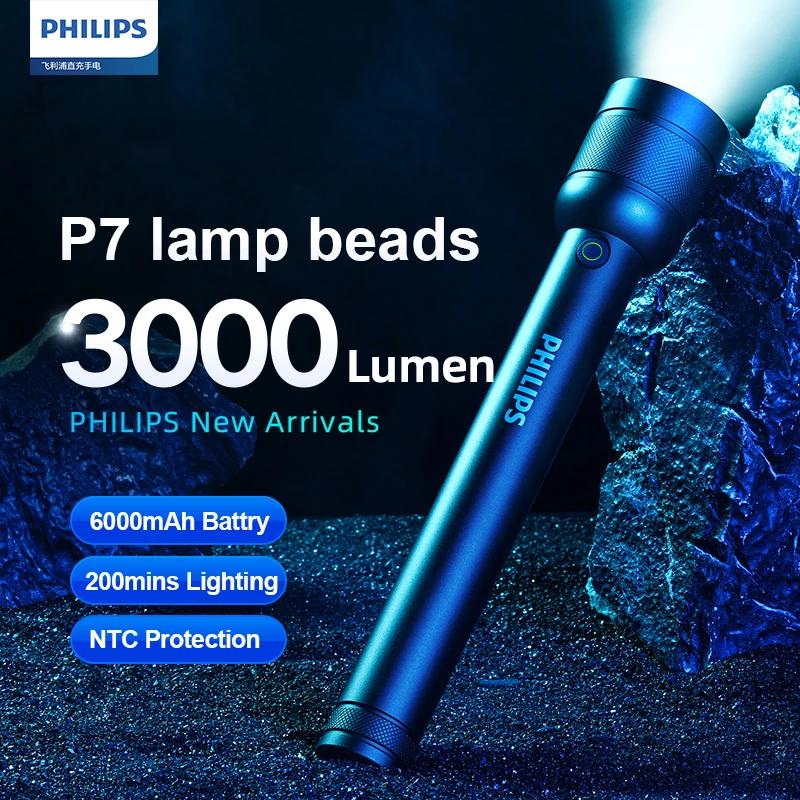 필립스 충전식 밝은 손전등, 3000 루멘 손전등, 6000mAh 배터리, IP55 방수, 야외용 캠핑 조명