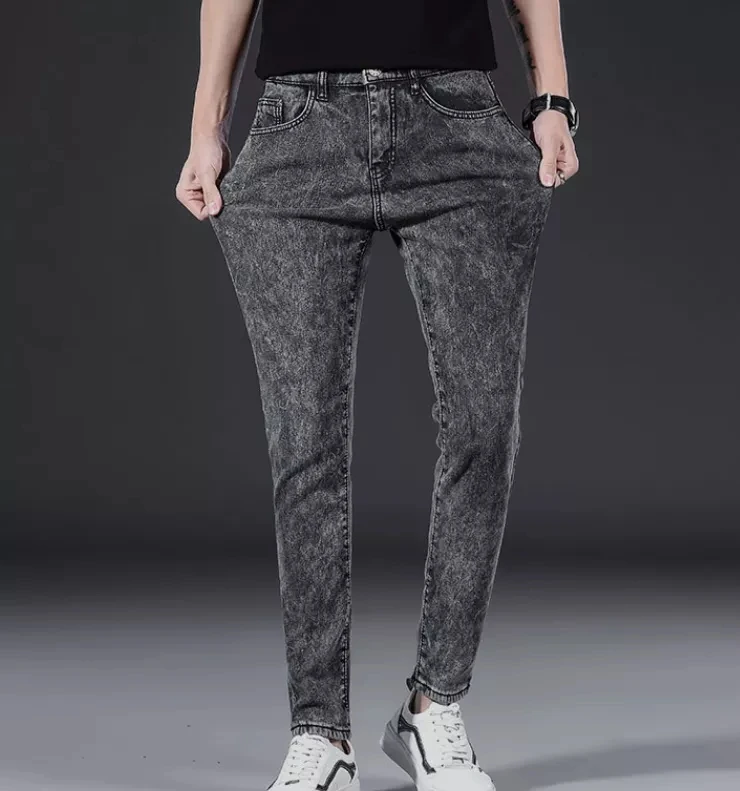 

2022 Winter Men's Warm Slim Jeans Thicken Denim Trousers Fleece Stretch Pants