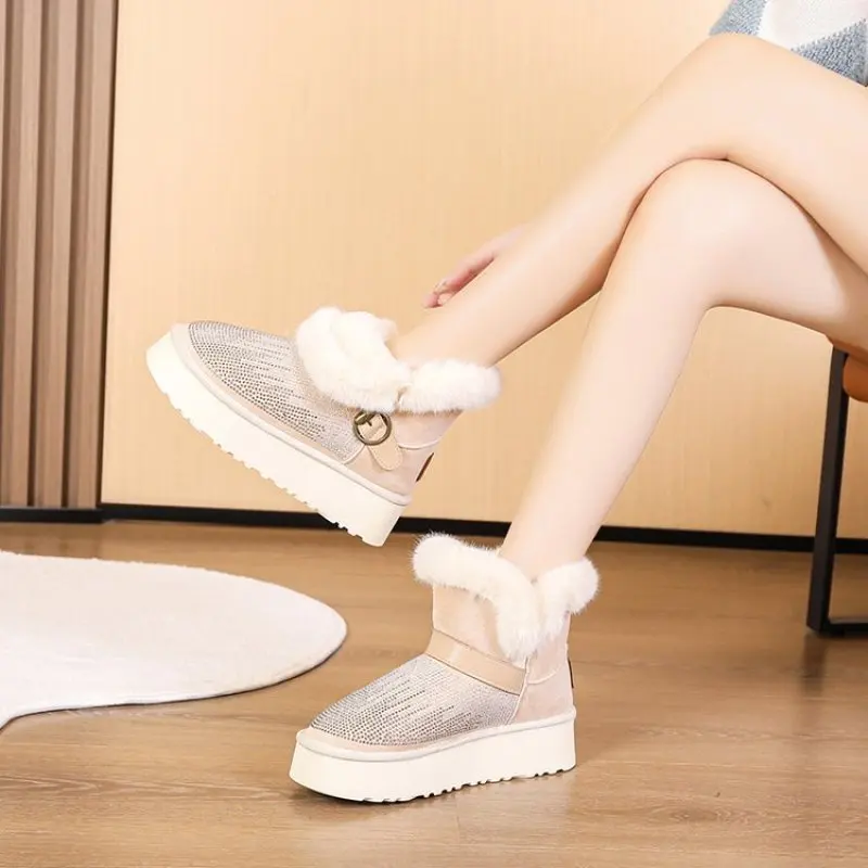 Diamond Women Snow Boots Winter Warm Ankle Boots Furry Suede Upper Non-slip Thicken Cotton Shoes Outdoor English Style Fashion