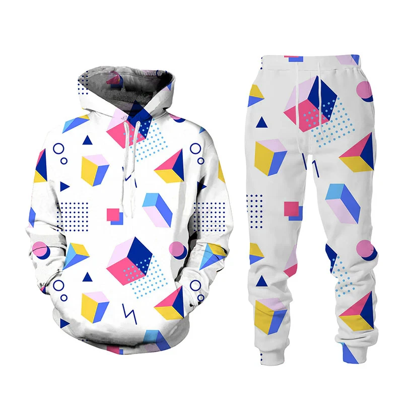 Retro Geometric 3D Printed Hoodie Pant Sets for Men