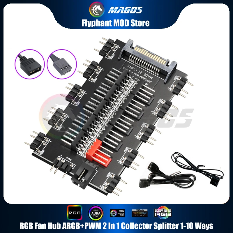 

RGB-разветвитель с RGB-подсветкой, устройство для сбора кулеров, ARGB + PWM 2-в-1, поддержка MB, 5 В, 3Pin, AURA SYNC, SATA, Светодиодная лента, RGB-вентилятор для ПК