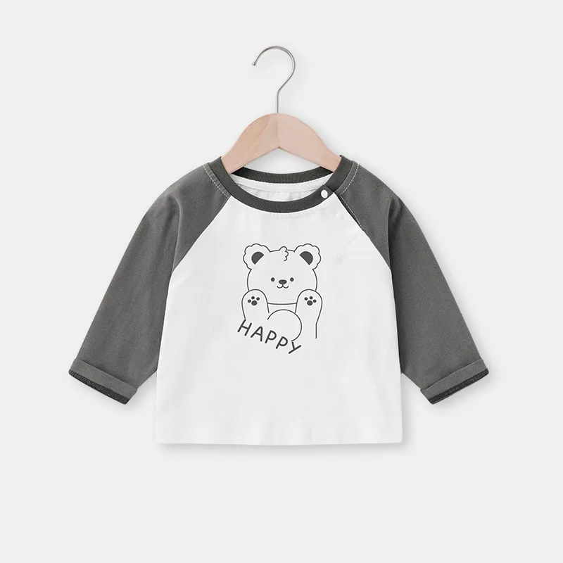 Spring Autumn Baby Boys Long Sleeves Cotton Bear Print Toddler Boy Tees Loose Raglan Spliced Sleeve Round Collar Kid Boy T-shirt