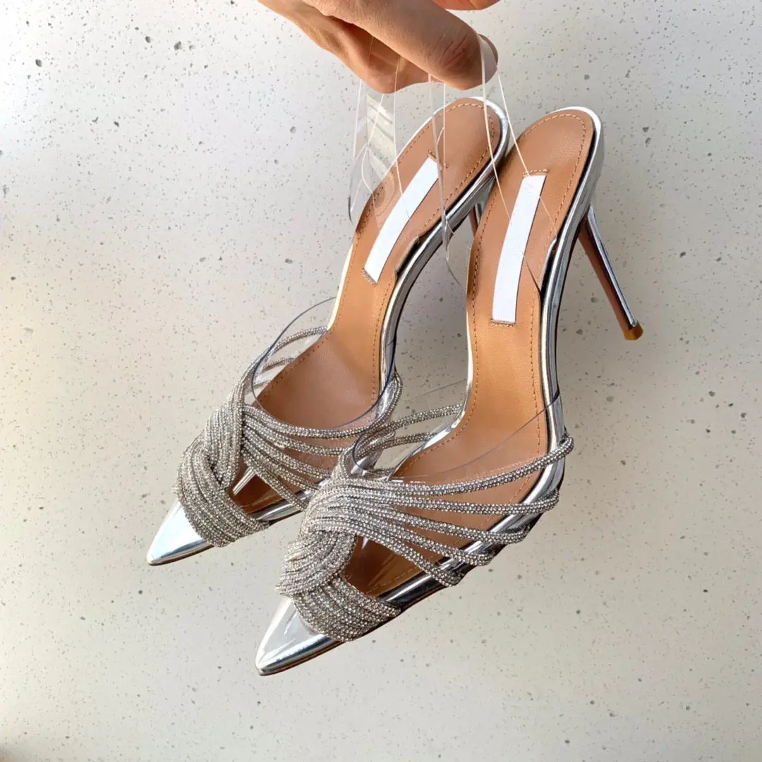 

Casual Designer Summer Women Shoes Pvc Leather Pointy Toe Crystal Strappy High Heels Stiletto Stripper Zapatos Mujer Sandalias