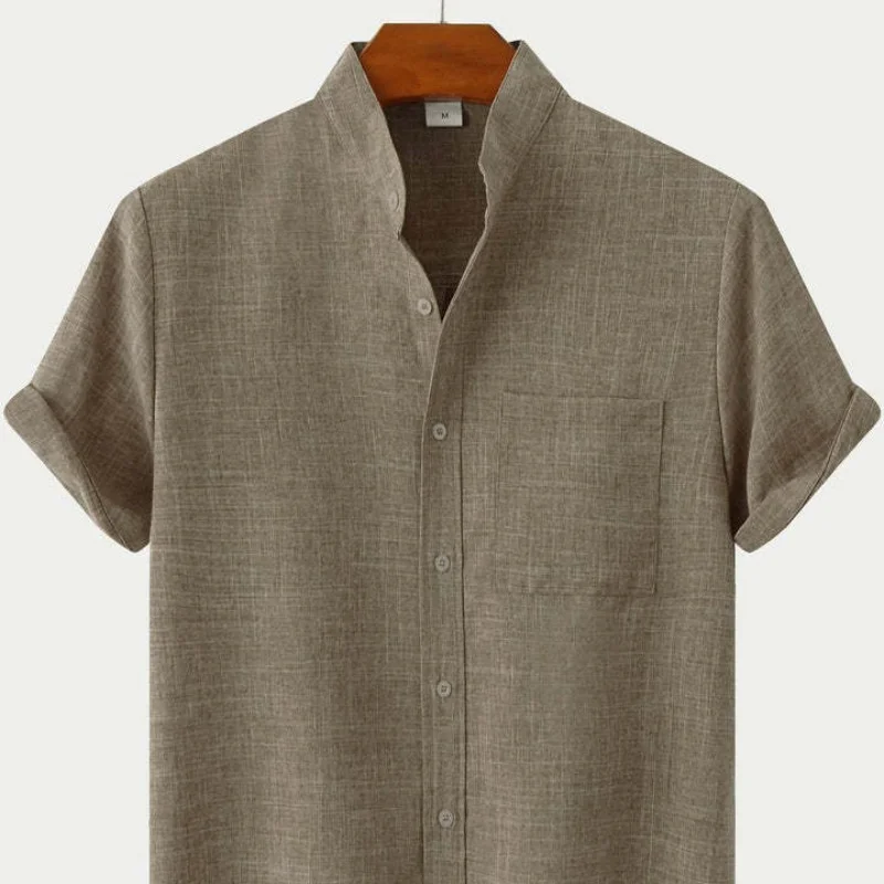 Summer New Men's Short -sleeved Pure Color Cotton and Linen Men's Shirt