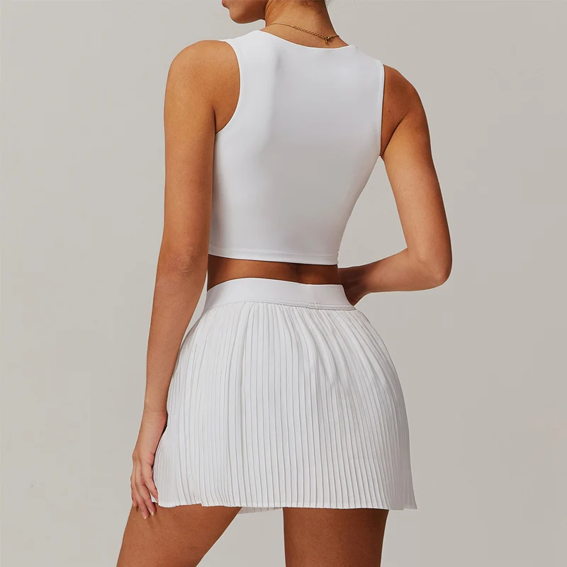 2 Piece Tennis Dresses for Women High Waisted Pleated Skirt Sets Square Neck Padded Crop Top Athletic Workout Dress with Shorts