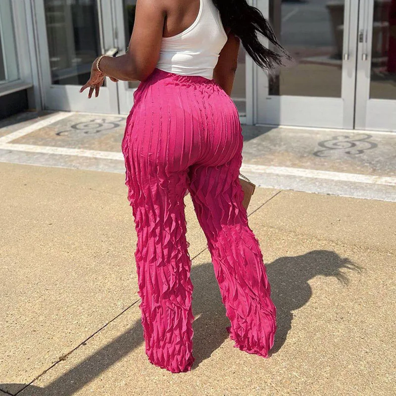 2024 Spring/Summer Women's Loose High Waist Wide Leg Pants with Mesh Wave Pattern Ruffle Edge