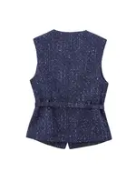 Women's Tweed Waistcoat with Belt, O Neck, Sleeveless, Front Button, Female Outerwear, Chic Tops, Fashion - Image 3