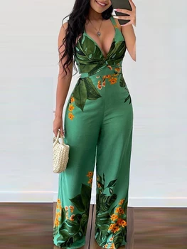 Vacation Fashion Women Sexy One Piece Summer Over Size V-Neck Tropical Floral Print Twist Design Wide Leg Jumpsuit 1