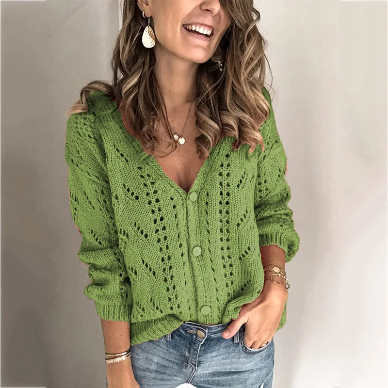 

2022 New Women's Sweater Cardigan Women's Solid Color Hollow out V-neck Knitwear Casual and Comfortable