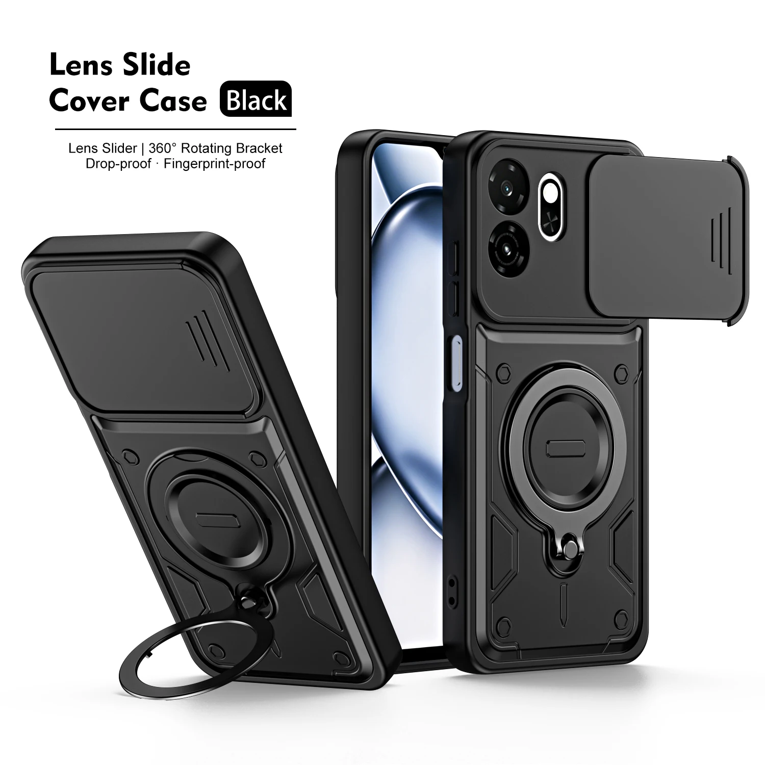 Rugged Armor Shockproof Phone Case with Slide Camera Lens Protection & Ring Stand