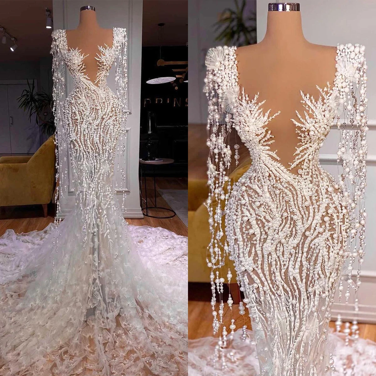 

Gorgeous Dubai Arabic Wedding Dresses Beads Appliques Lace Mermaid Bridal Gowns Custom Long Sleeves Sweep Train Robes De Mariée