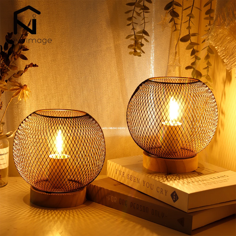 

2Pcs Modern Metal Mesh Candle Holder Table Lamp Battery Powered Light Lantern for Home Garden Party Wedding Decor