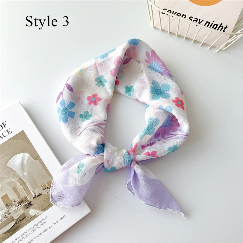 Floral Print Neckerchief Women Korean Cotton Linen Square Scarf Elegant Neck Scarves Small Wraps Bandana Head Scarfs 58*58Cm 5