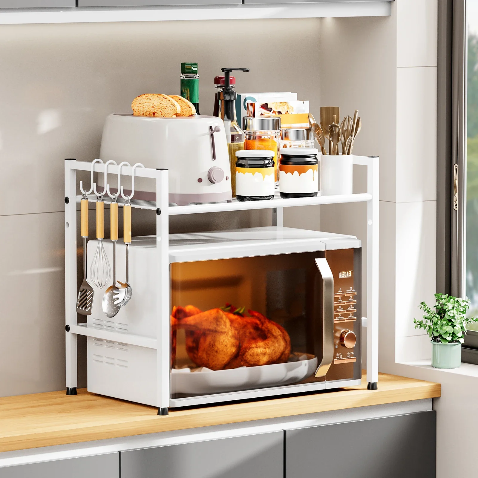 2tier Kitchen Microwave rack Adjustable Width Kitchen Multifuctional Organizer Carbon steel Sturdy Black White 2