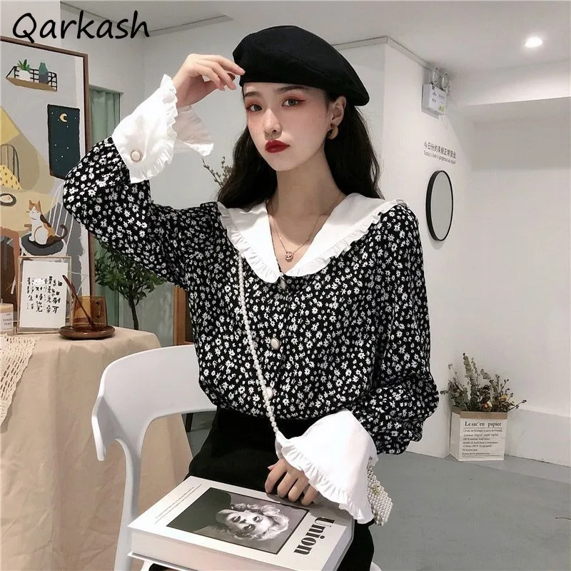 

V-neck Tops Women Shirt Vintage Floral Edible Tree Fungus Design Gentle Temperament Long Sleeves Office Ladies Korean-style Cozy