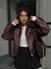 Women Elegant Solid Zipper Short Bomber Leather Chic Lapel Long Sleeves Cropped Jackets 2024 New Female Party Fashion Streetwaer 1