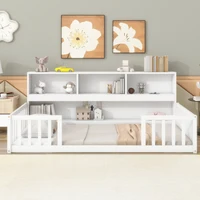 Twin Floor Bed with Bedside Bookcase,Shelves,Guardrails,White 1
