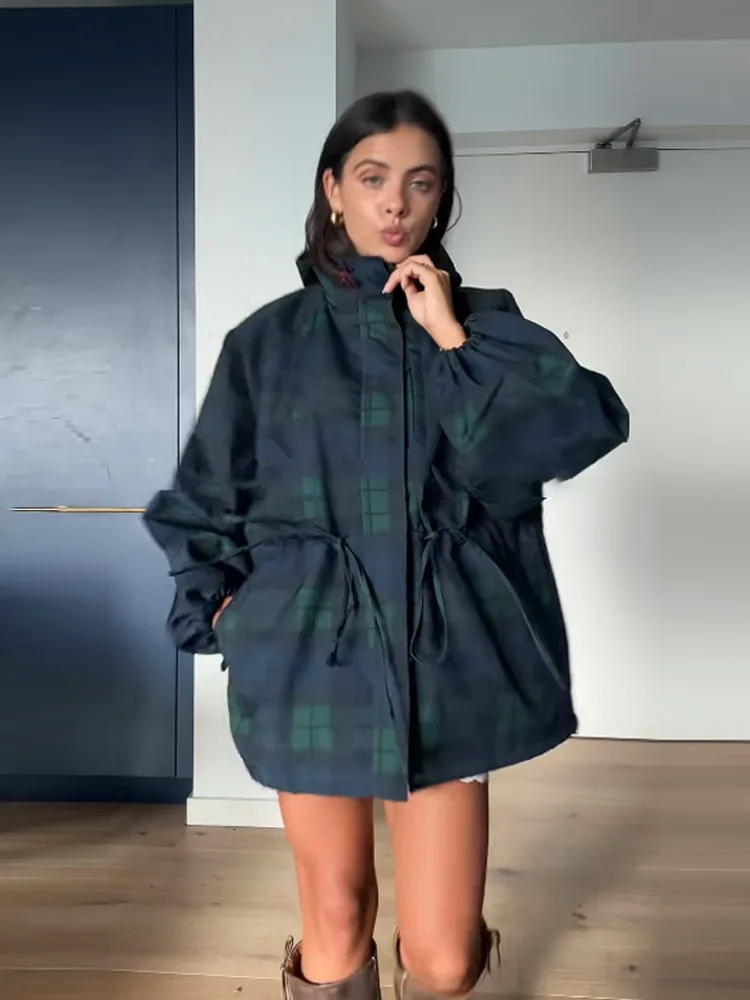 Retro Trendy Plaid Jacke Lose Casual Chic Designer Mantel Stehkragen Hoodie Herbst Oberbekleidung frauen Street Wear – Detail 7