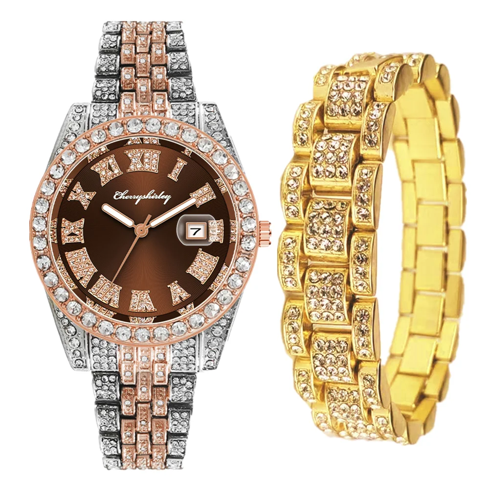 Full Iced Out Watches Men's Bracelet Green Water Ghost Bling Jewelry for Men Gold Wristwatch Hip Hop Women Set Clocks Boys Gifts