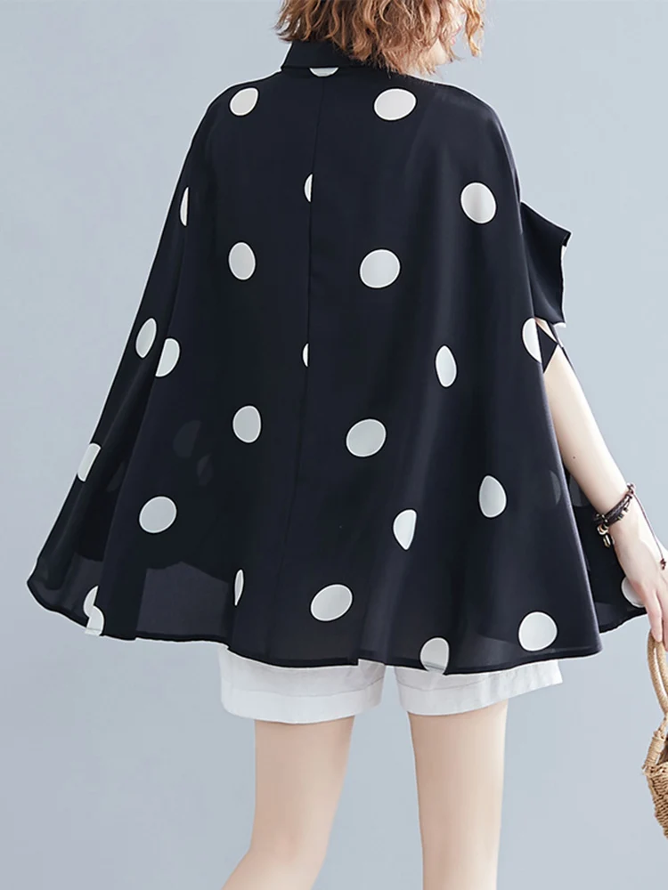 Black Vintage Polka Dot Print Blouse Women New Chiffon Lapel Short Sleeve Loose Casual Shirt Tops Fashion Summer Clothes 2025