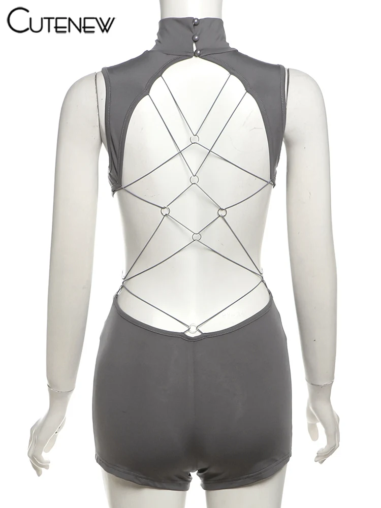 Monos sexys con espalda hueca para mujer, monos sólidos impresionantes sin mangas con cuello alto que moldean el cuerpo, ropa de calle elegante Y2K para mujer