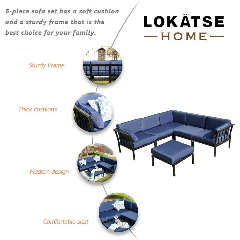 6 piece patio conversation set outdoor furniture sectional sofa with 3 corner couch 2 armless chair and 1 Ottoman, 6pcs, blue Cu