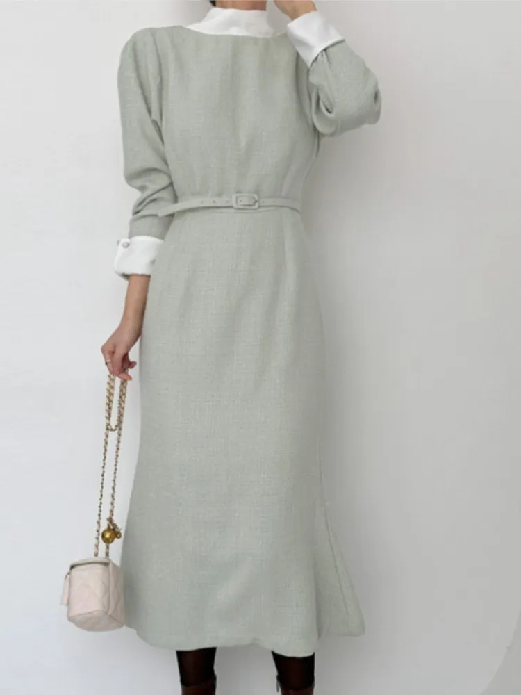 

Women's Midi Dress Long Sleeve Elegant Vintage Lace Up Slim Belt Mermaid Dresses Casual Fashion Clothing Spring Autumn New