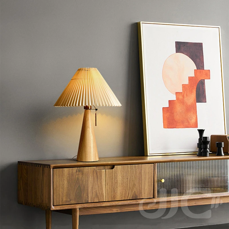 

JJC Retro Pleated Table Lamp Nordic Solid Wood Table Lights Study Reading Table Lamps For Bedroom Home Decoration Lighting E27