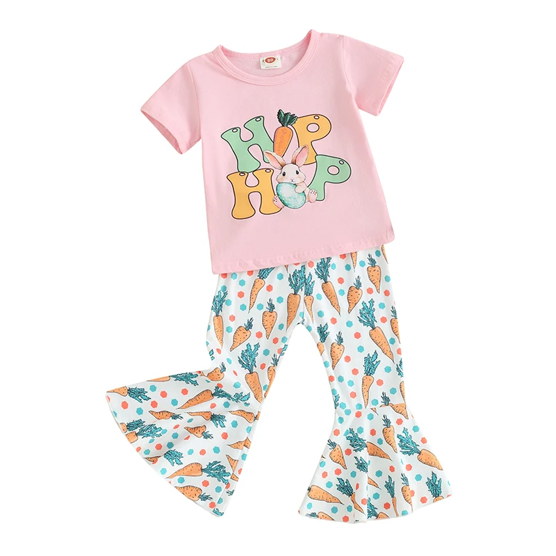 FOCUSNORM Toddler Kids Girls Easter Clothes Sets 0-5Y Letters Rabbit Print Short Sleeve T-shirt with Carrot Flare Pants