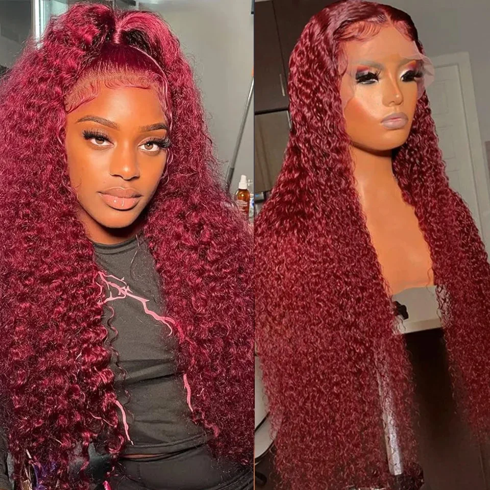 

26 Inch Long 180Density Burgundy Glueless 99j Kinky Curly Lace Front Wig With BabyHair Heat Temperature Daily Preplucked Cosplay