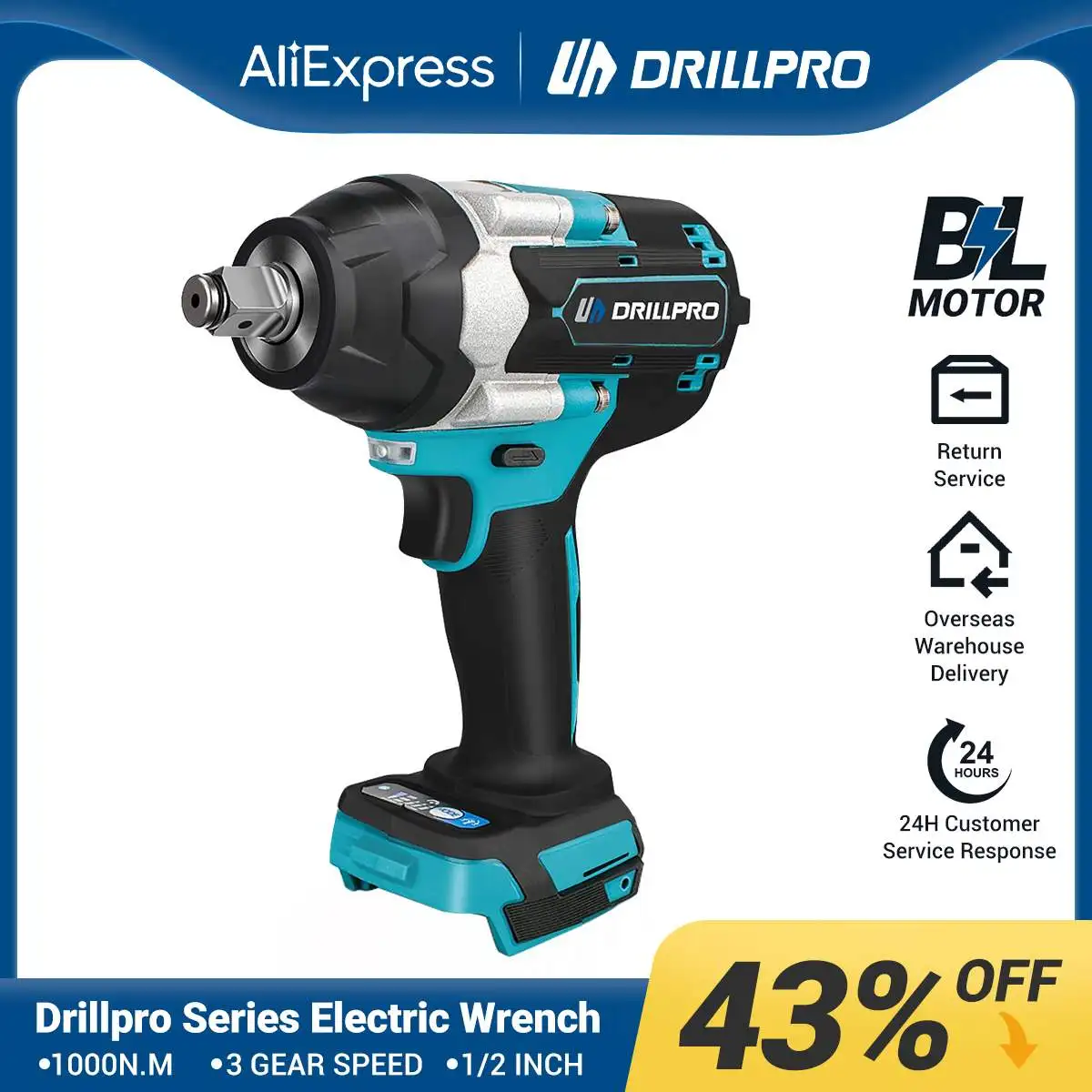 

Drillpro 1000N.M Brushless Electric Impact Wrench 1/2 INCH with 3 Gear Speed Cordless Wrench Car Power Tools For Makita Battery