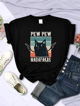 Pew Pew Madafaks-Camiseta engraçada com estampa de gato feminino, manga curta, blusa com gola O, roupas casuais, moda feminina de rua, fofo