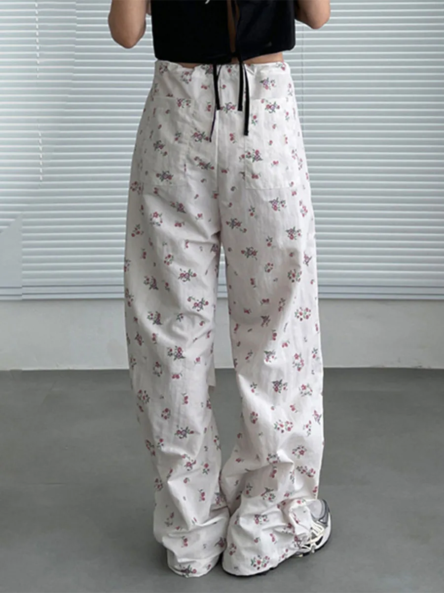 

Женские Мешковатые брюки YHLZBNH с заниженной талией, повседневные брюки с цветочным рисунком, с рюшами, в эстетическом стиле, прямые штаны для бега, уличная одежда