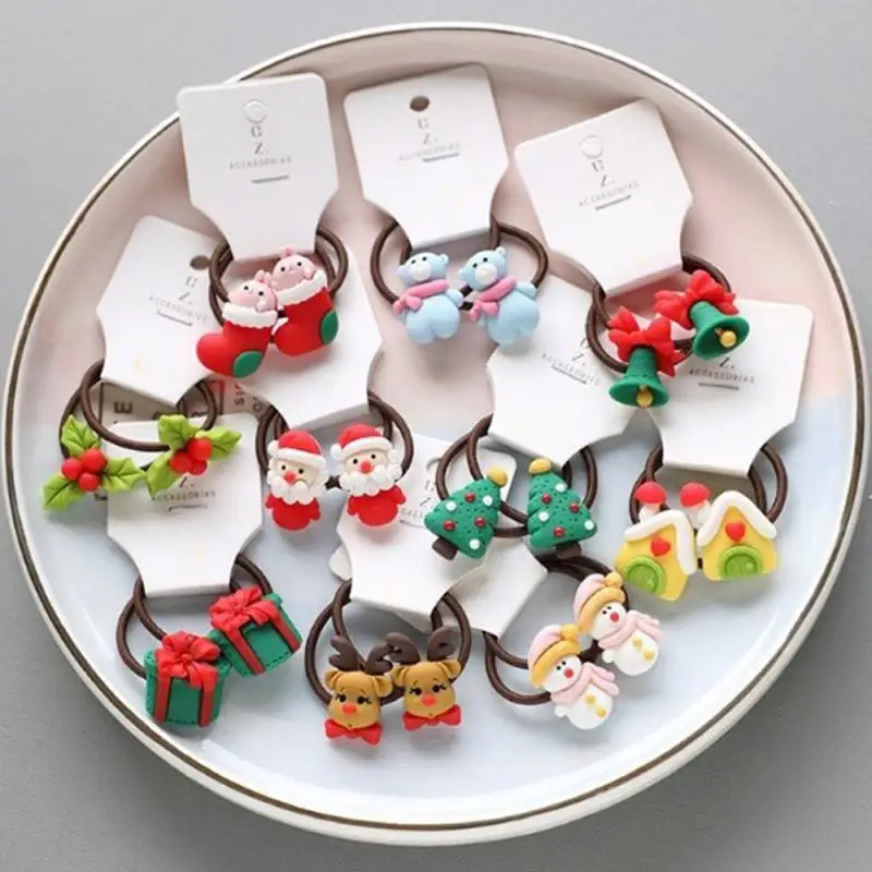 2pcs Cute Cartoon Christmas Elk Elastic Hair Bands Rubber Hair Rope Tie Girls Scrunchie Ponytail Holder Gum Accessories
