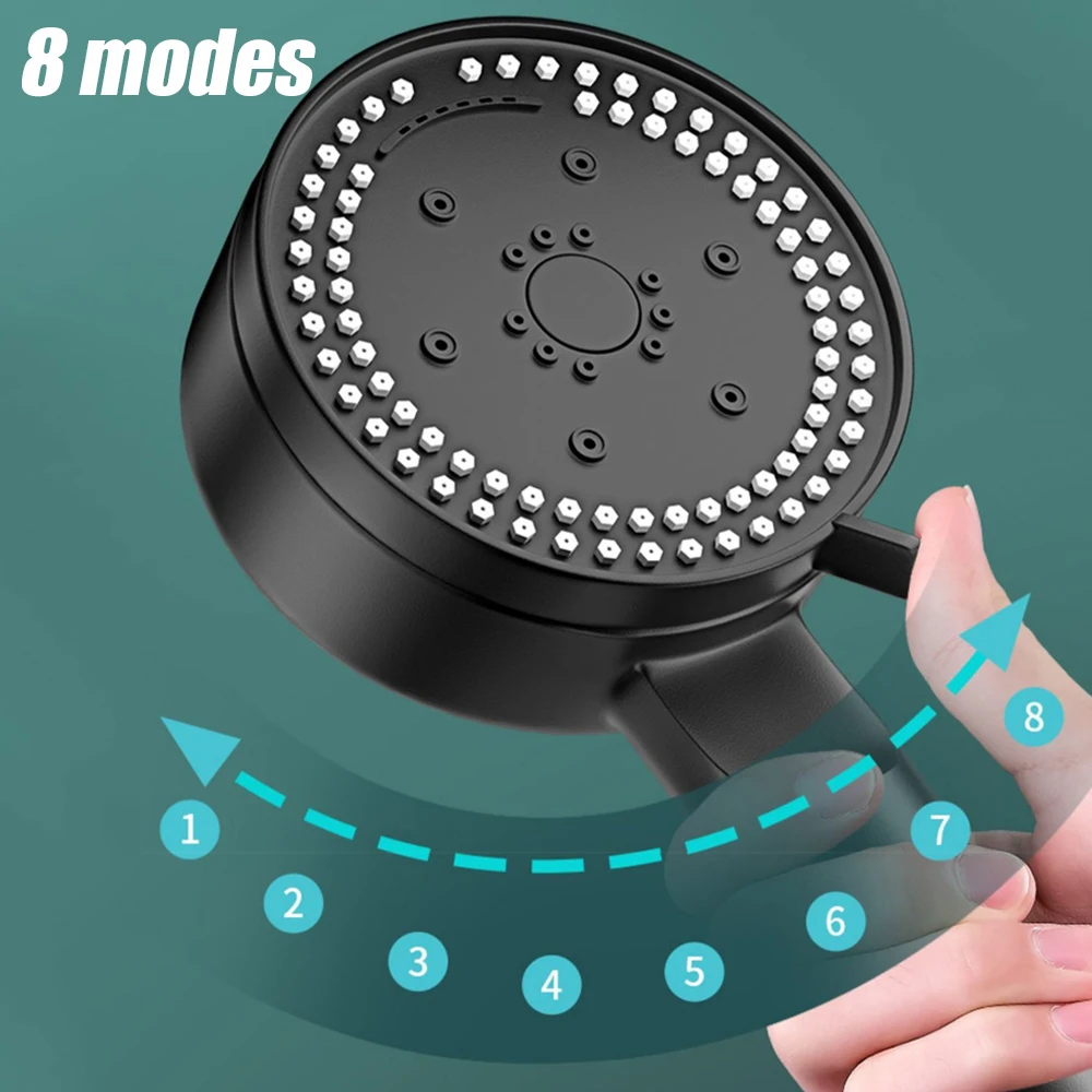 Shower Head Shower Nozzle 8 Modes High-Pressure Shower Head Fall Resistance Black Handheld Showerhead Water Saving Bathroom Shower Accessories